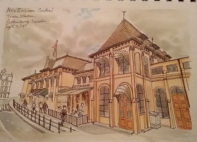 Nils Ericson Central Train Station. Watercolor and sepia, Virtual Paintout